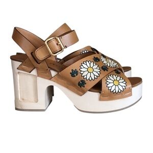NEW Authentic Miu Miu Painted Floral Brown Leather Wood Heel Platform Sandals